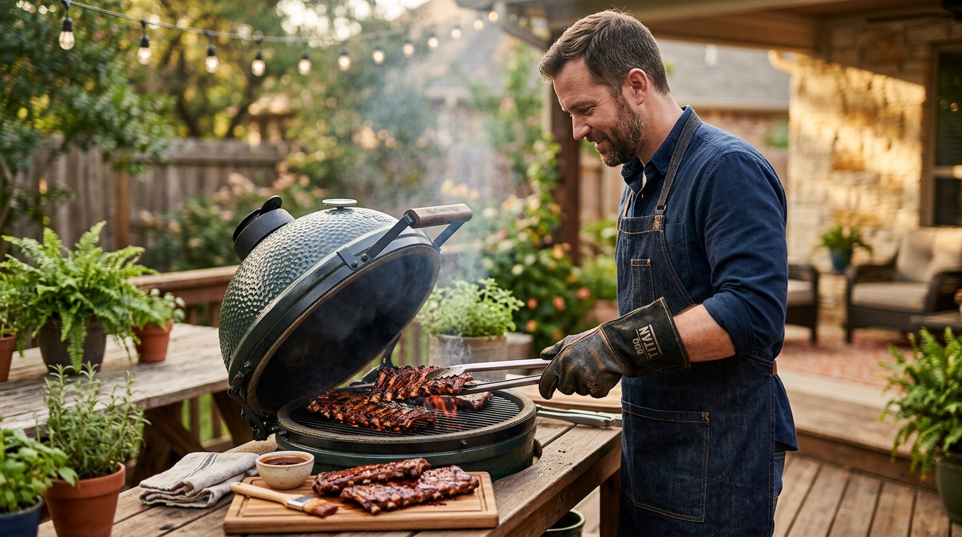 Heat-resistant BBQ gloves handling charcoal on a lit grill