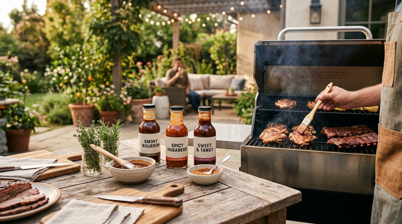 Assortment of BBQ sauce bottles next to a platter of smoked ribs and pulled pork