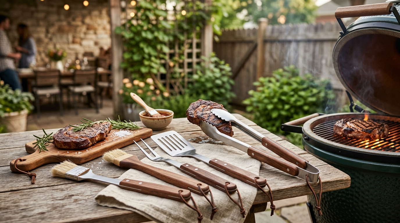 Stainless steel BBQ tools arranged beside a charcoal grill on a backyard deck