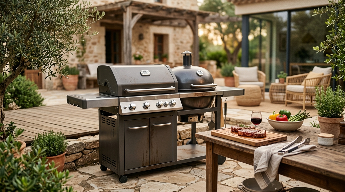 Dual-fuel combo grill with gas burners lit on one side and charcoal glowing on the other, on a backyard patio at dusk