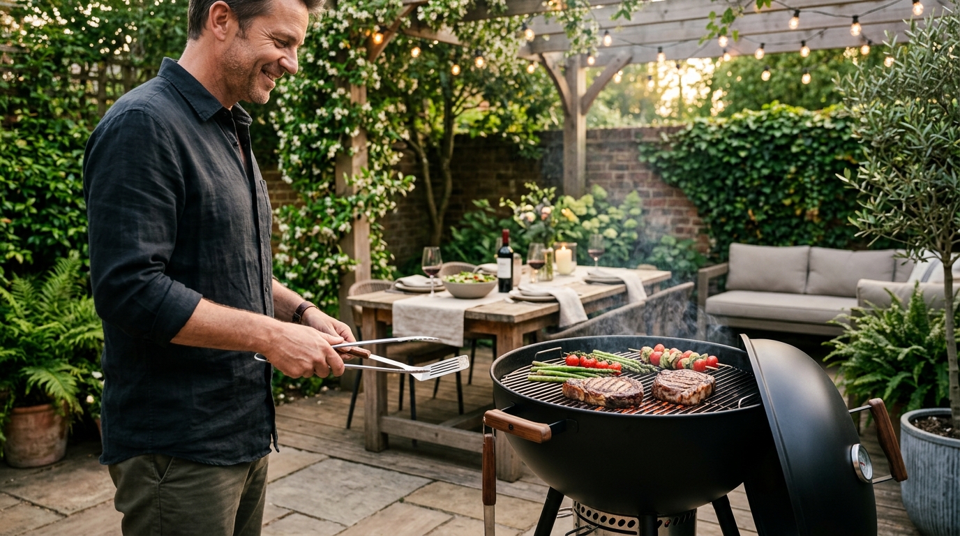 Weber charcoal kettle grill with glowing coals on a backyard patio at dusk