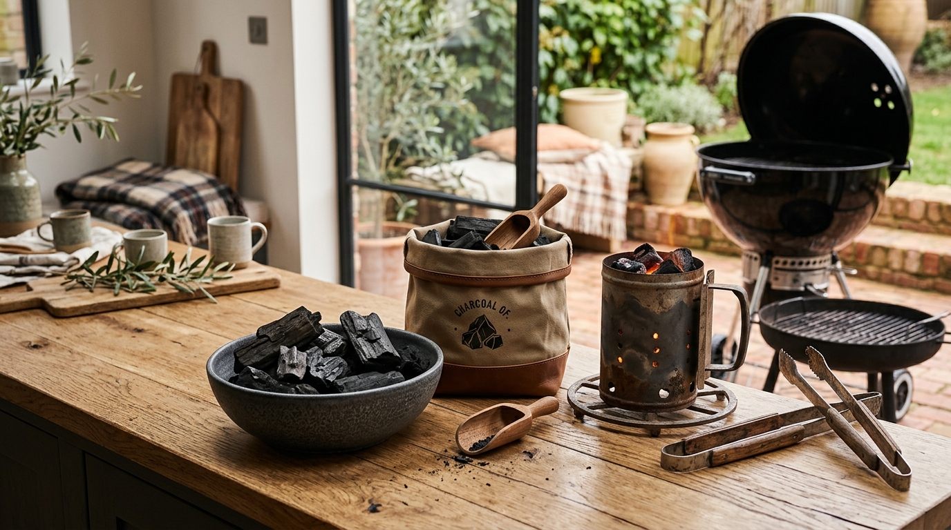 Open bag of hardwood lump charcoal with glowing embers in a chimney starter on a backyard patio