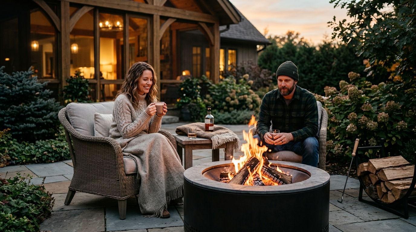 Smokeless fire pit burning with vivid orange flames on a backyard patio at dusk with outdoor seating around it