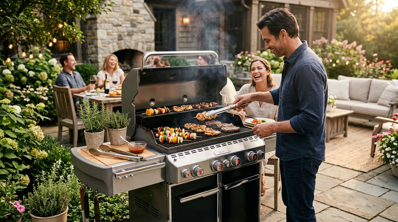 Stainless steel gas grill on a backyard patio with flames visible through the grate