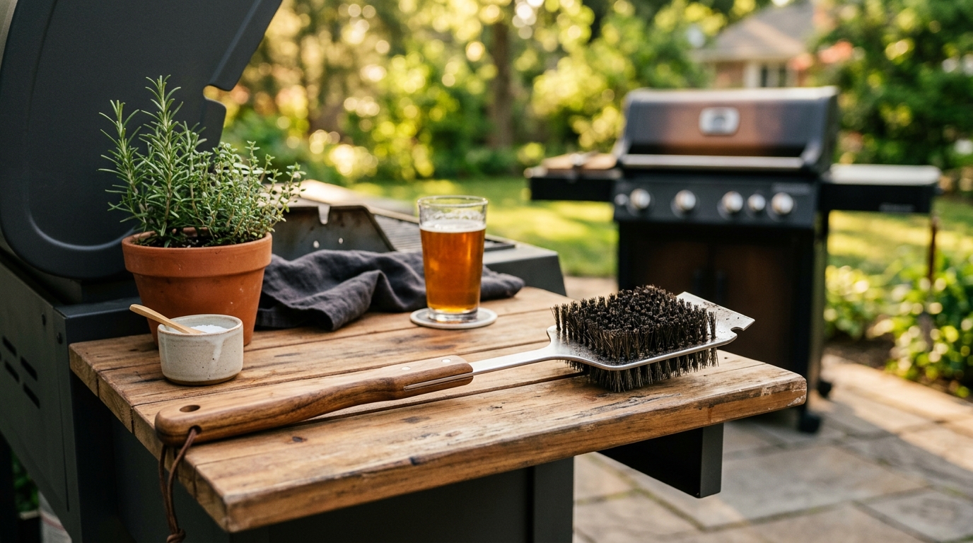 Stainless steel grill brush cleaning a hot charcoal grill grate outdoors