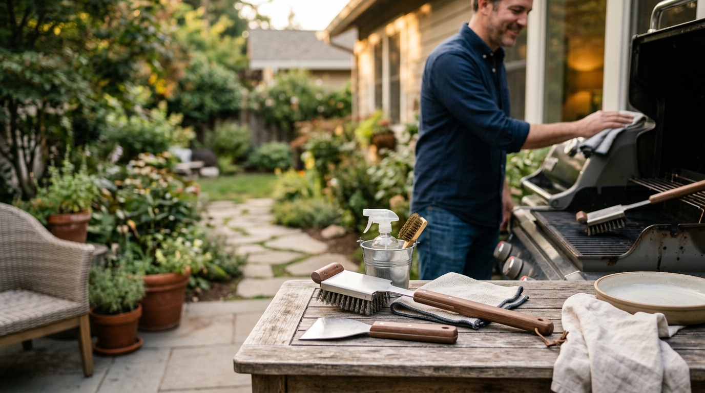 Grill cleaning tools including a wire brush, bristle-free brush, and cleaning spray arranged next to a gas grill