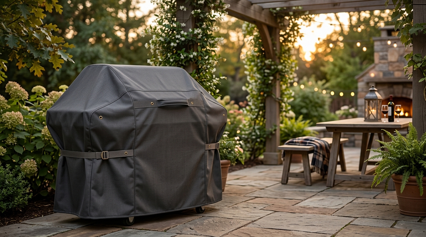 Fitted grill cover protecting a gas grill on a backyard patio in rainy weather