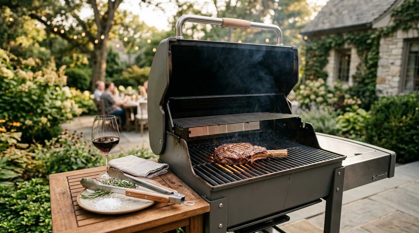 Cast iron grill grates glowing with heat on a charcoal grill producing diamond sear marks on a ribeye steak