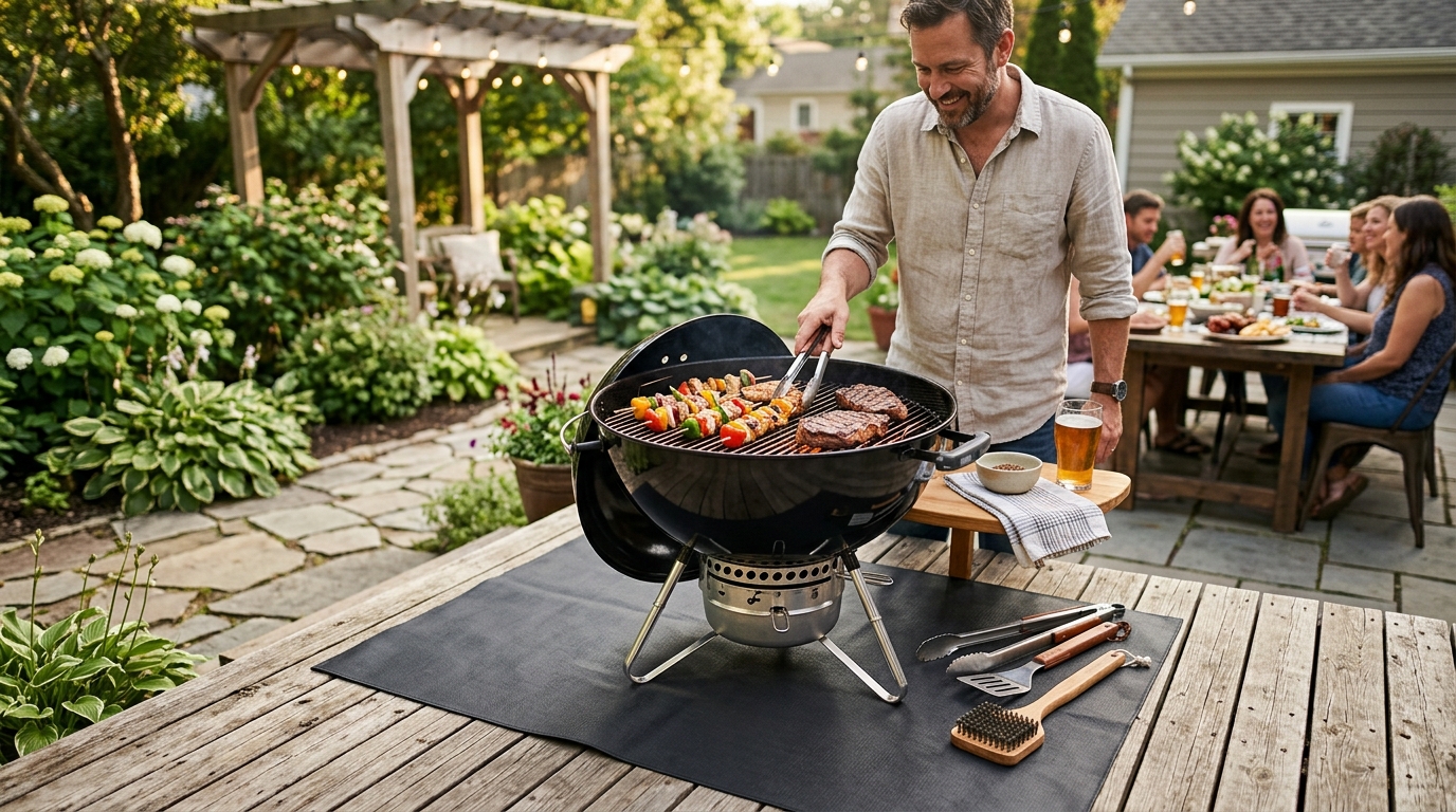 PTFE grill mats on a gas grill with shrimp and vegetables cooking on the surface