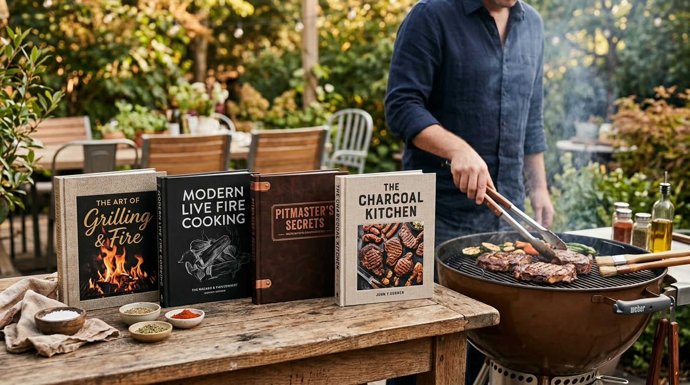 Stack of grilling and BBQ cookbooks beside a charcoal grill with smoke rising