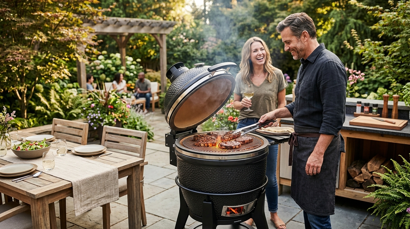 Ceramic kamado grill on a stone patio with smoke rising from the lid at golden hour