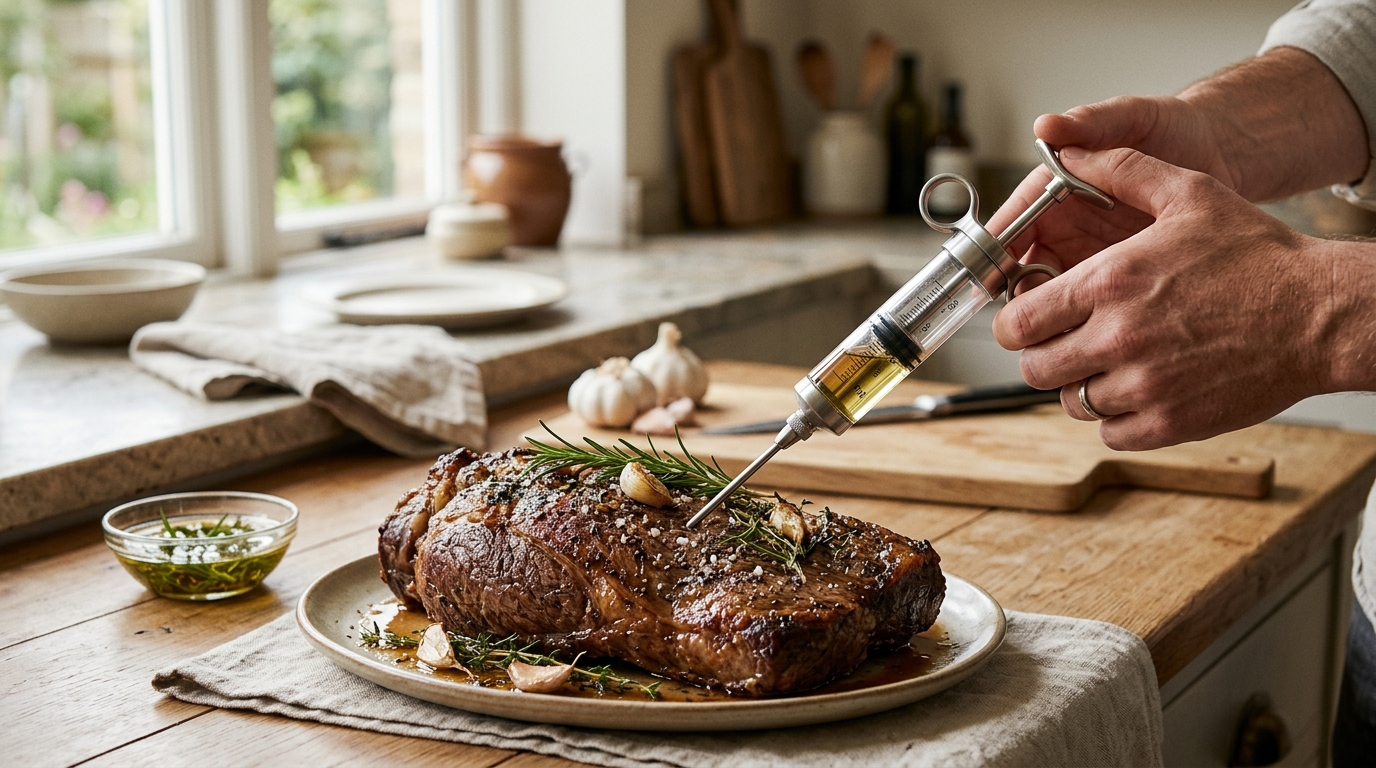 Stainless steel meat injector syringe beside a seasoned brisket on a charcoal smoker