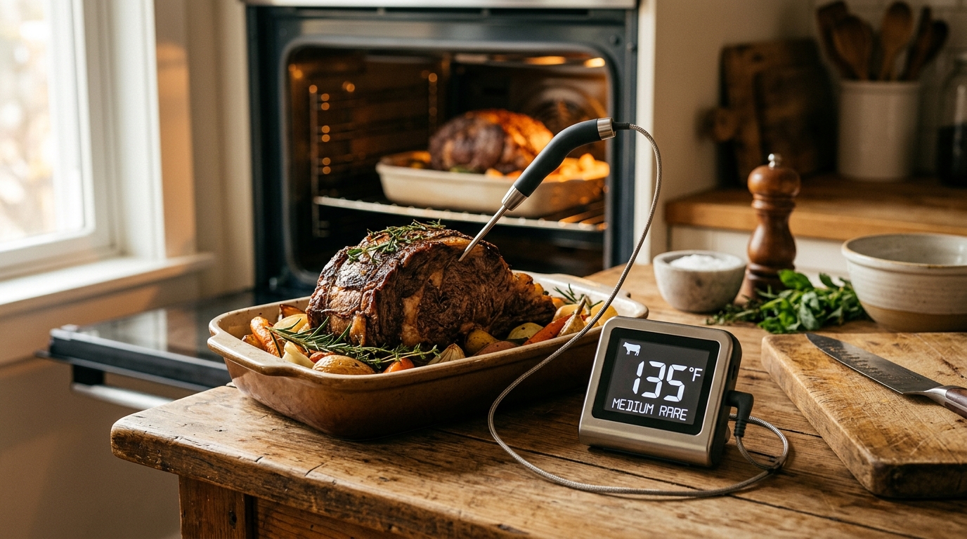 Digital leave-in probe thermometer inserted in a prime rib roast inside an oven