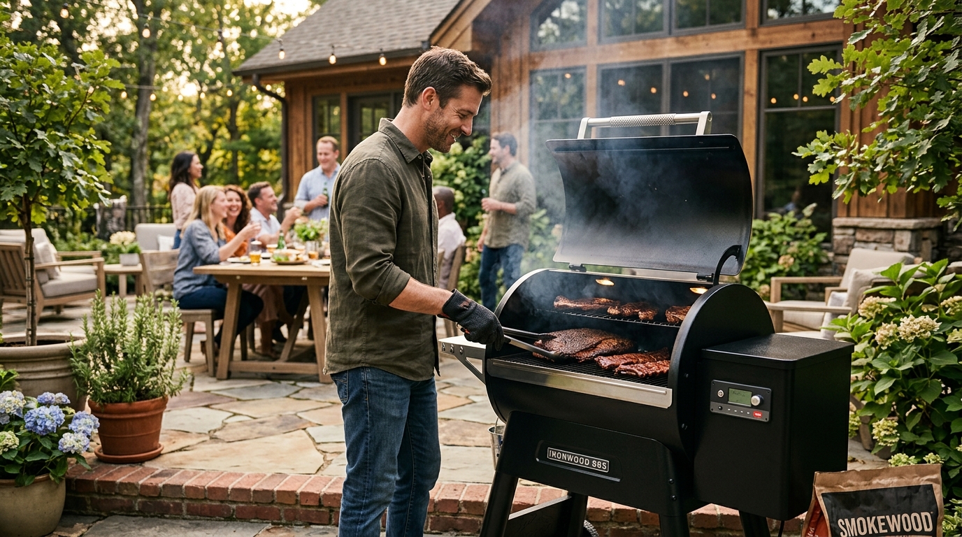 Traeger pellet grill on a backyard deck with smoke drifting from a brisket cook, trees in the background