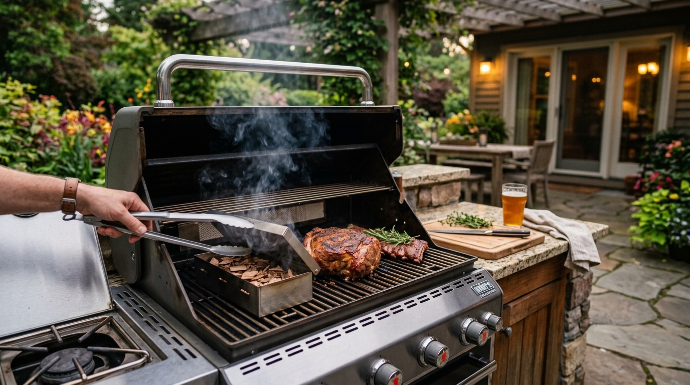 Stainless steel smoker box with smoldering wood chips on a gas grill grate