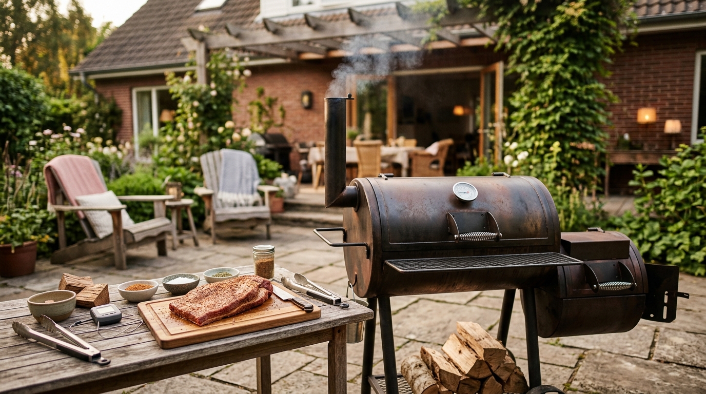 Weber Smokey Mountain bullet smoker with light wood smoke rising on a backyard patio next to hardwood chunks