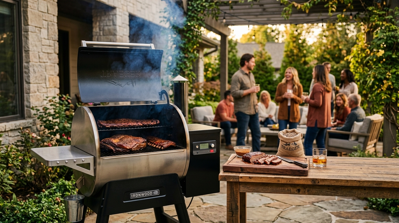 Pellet grill with thick white smoke rising from a full packer brisket on the grate, outdoor backyard setting