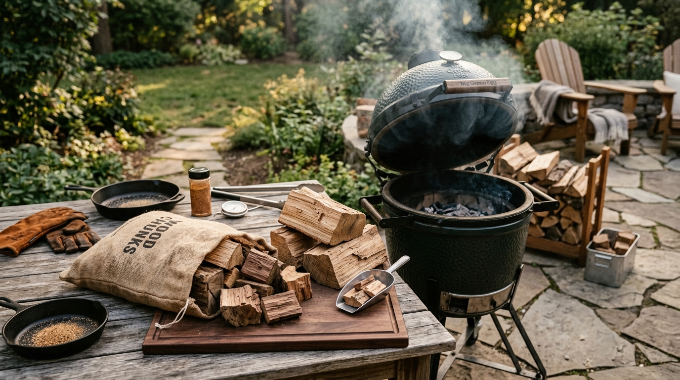 Pile of wood chunks beside a charcoal smoker with smoke rising, outdoors on a wooden deck