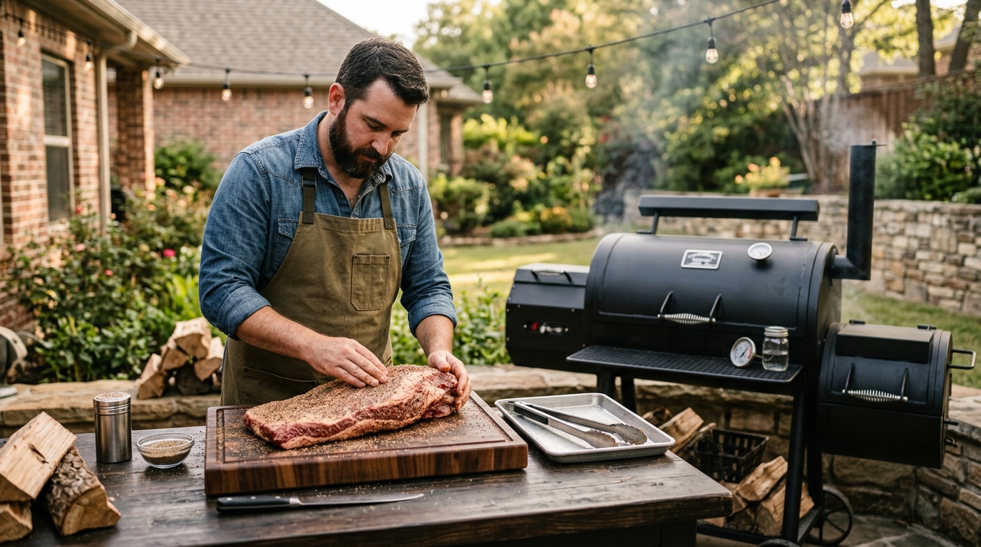 Raw whole packer brisket on a white butcher paper sheet next to a sharp boning knife, ready to trim before smoking