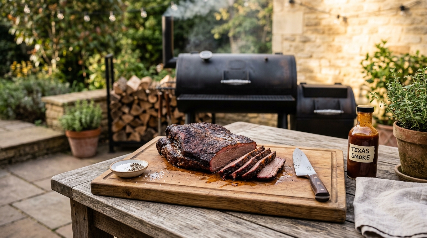 Sliced smoked brisket with a dark bark and a pink smoke ring on a wooden cutting board, surrounded by pink butcher paper