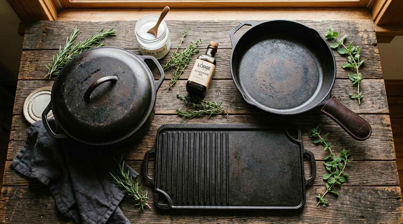 Cast iron skillets, dutch oven, and griddle on a weathered wood table with seasoning oil and herbs