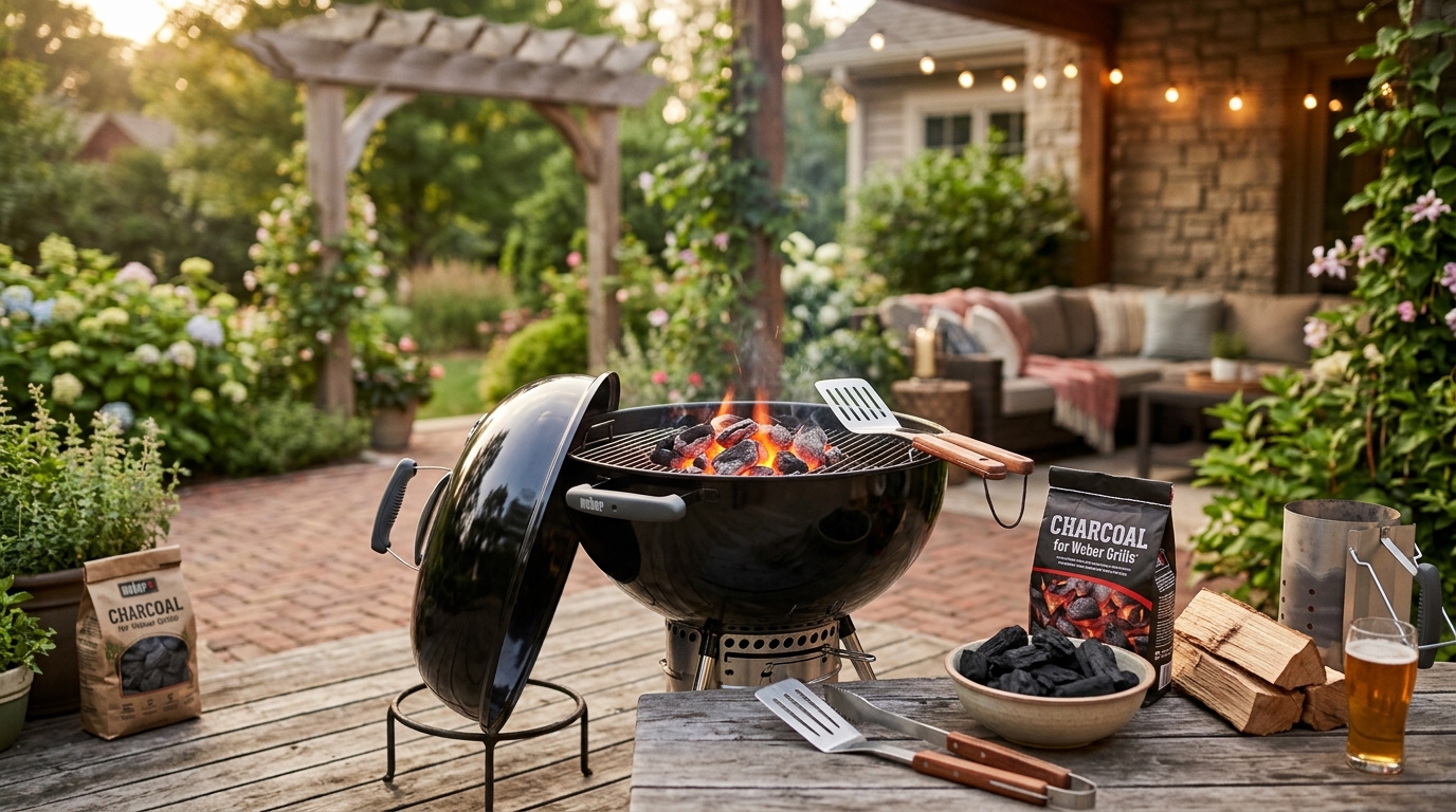 Weber 22-inch Kettle grill with glowing charcoal and smoke rising, bags of lump and briquette charcoal nearby
