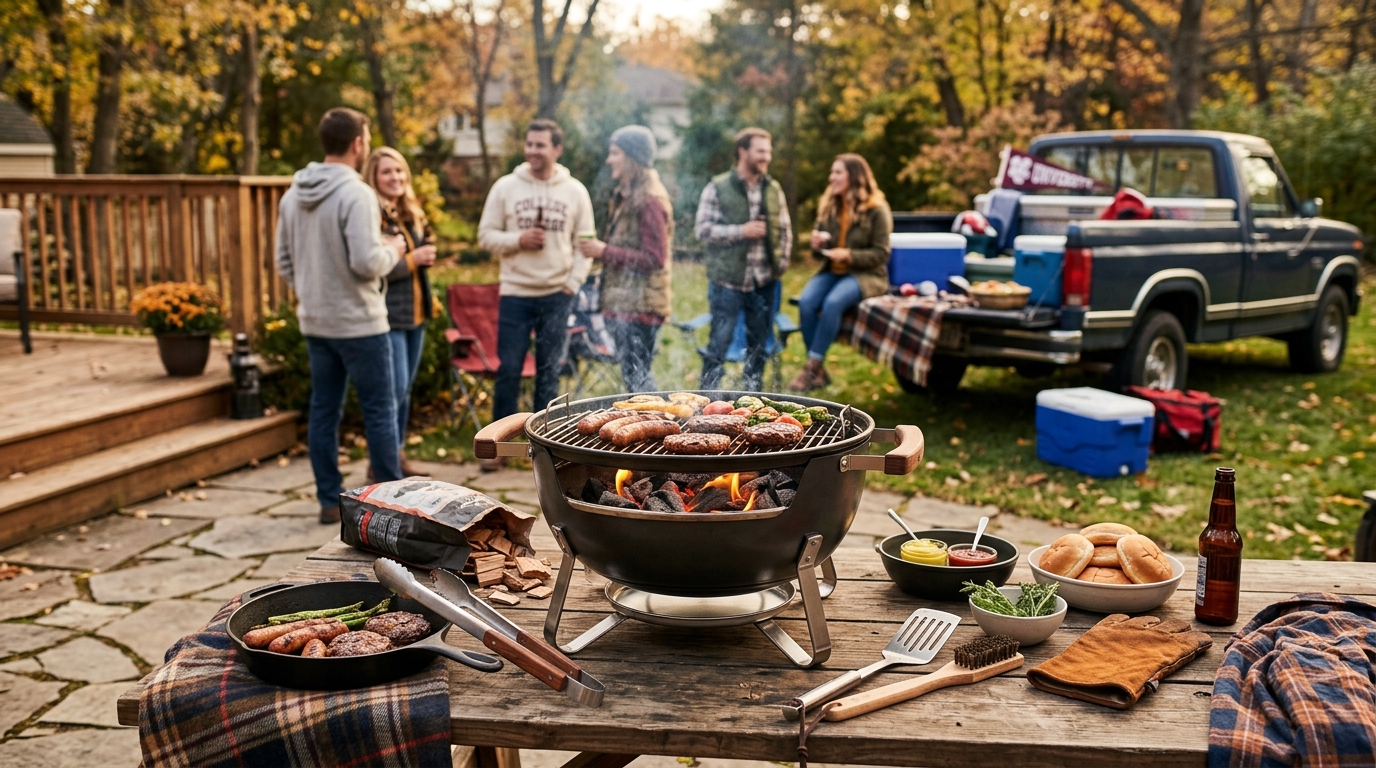 Portable charcoal grill set up in a stadium parking lot surrounded by tailgaters