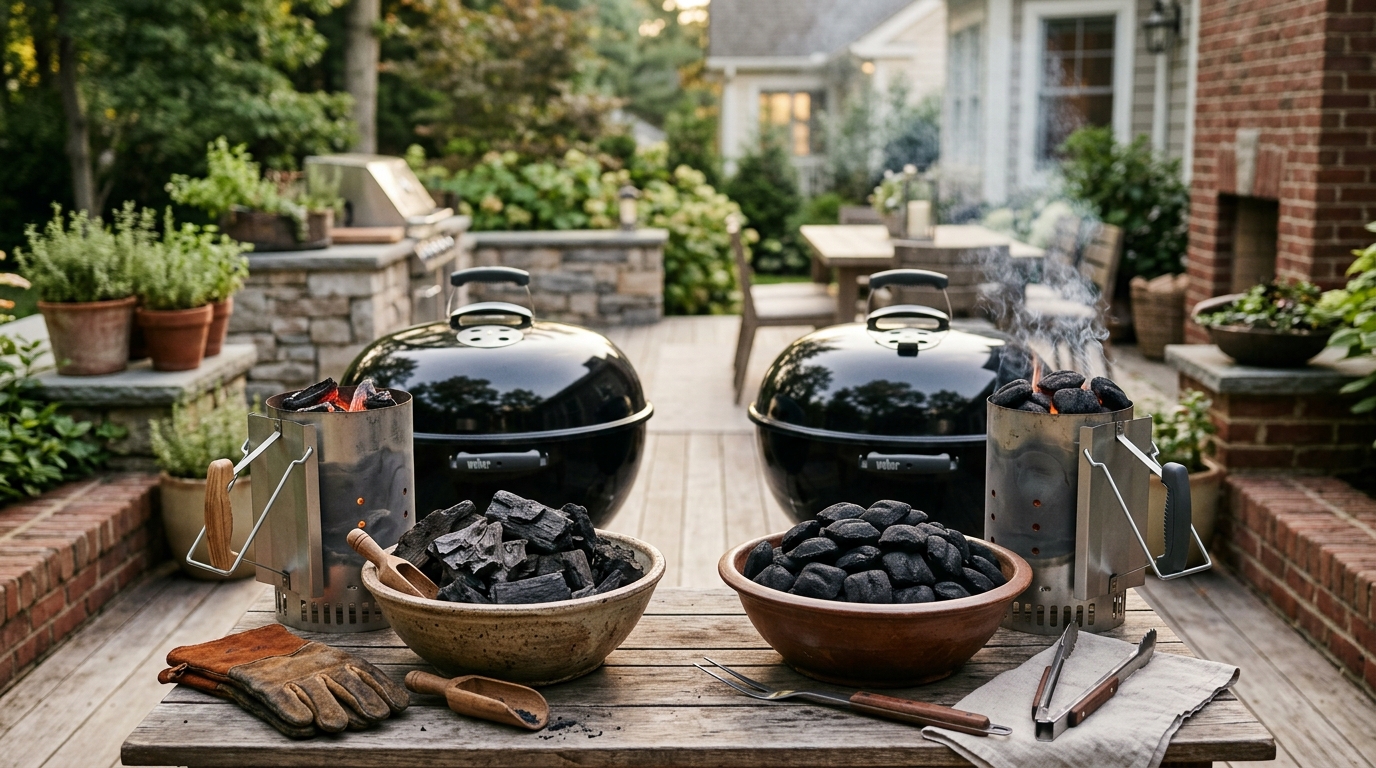 Side-by-side of charcoal briquettes and lump charcoal with a lit chimney starter on a backyard grill