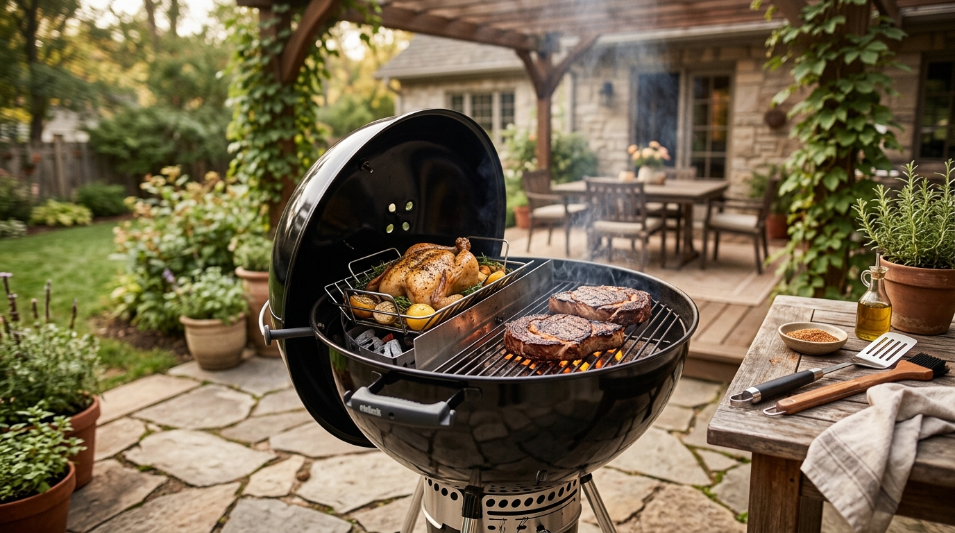 Split-view of a charcoal grill showing direct flames on one side and food cooking gently on the cooler indirect side