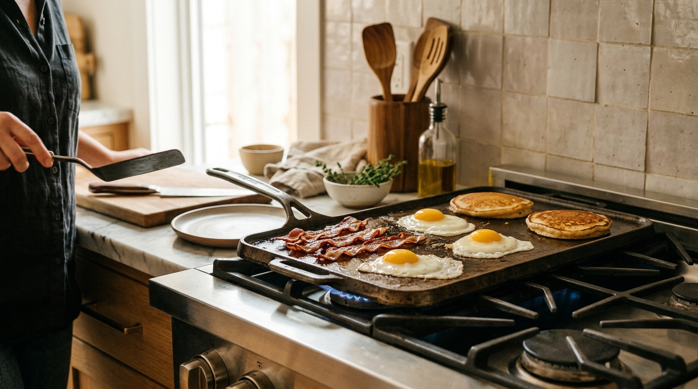A pre-seasoned cast iron double-burner griddle sitting across two gas stove burners with pancakes and bacon cooking simultaneously