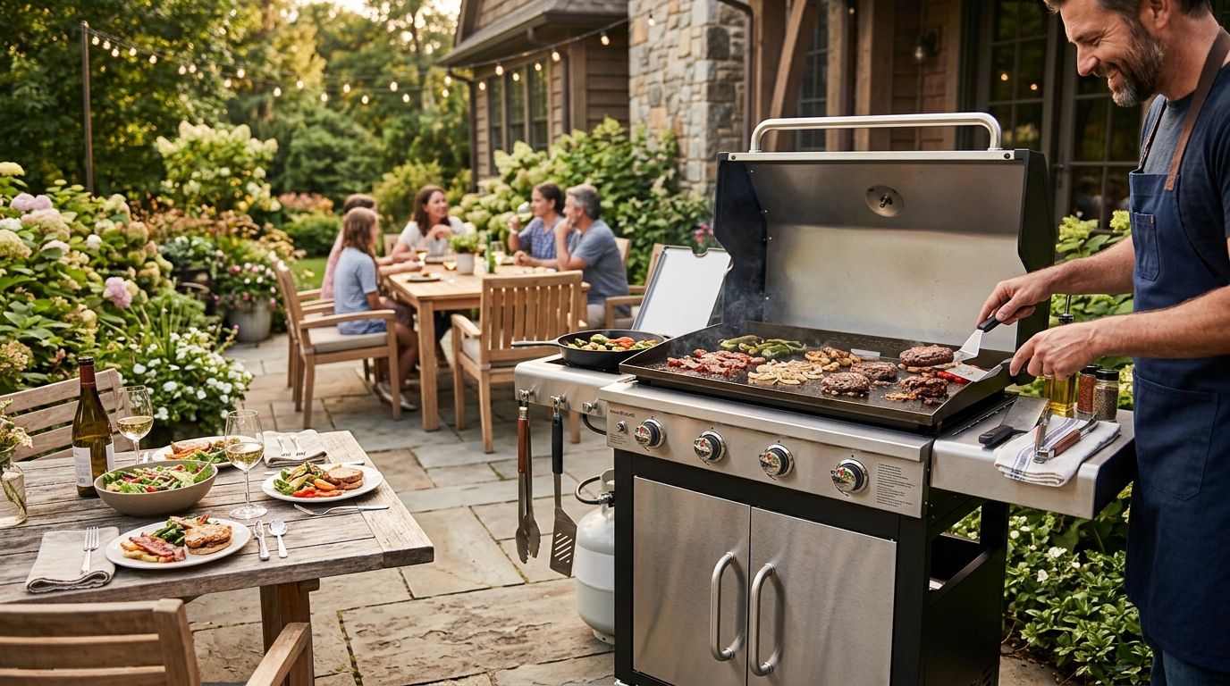 Gas grill and Blackstone flat-top griddle combo unit cooking smash burgers on the griddle side and steaks on the grill grate side