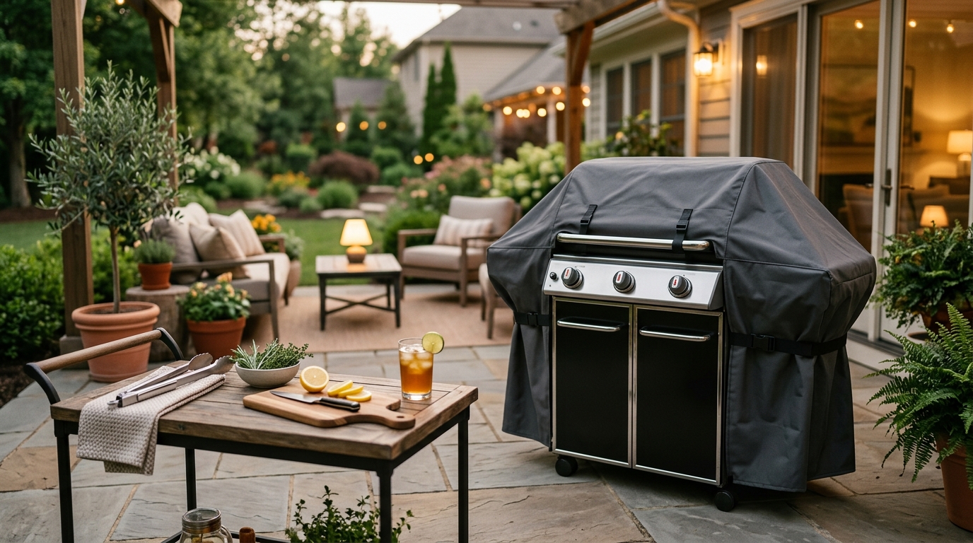 Stainless steel gas grill on a backyard patio under a fitted weatherproof cover, green lawn in background
