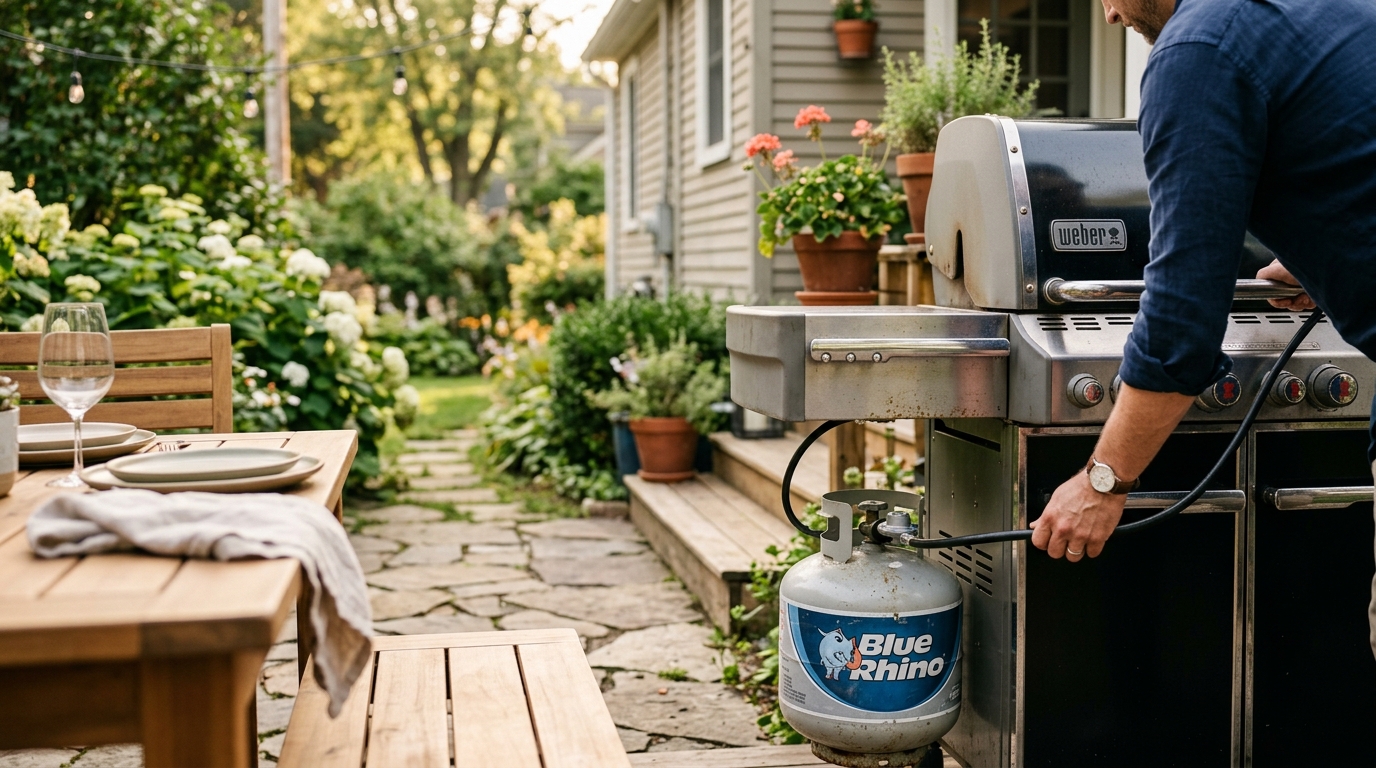 A silver 20-pound propane tank beside a gas grill on a sunny patio with tongs and a spatula resting on the side shelf