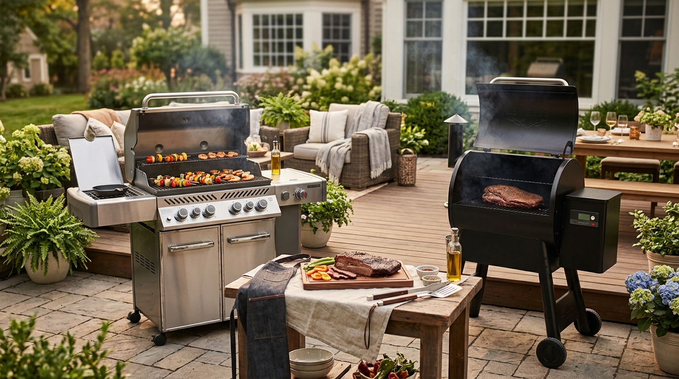 A stainless steel gas grill and a dark pellet grill side by side on a backyard patio