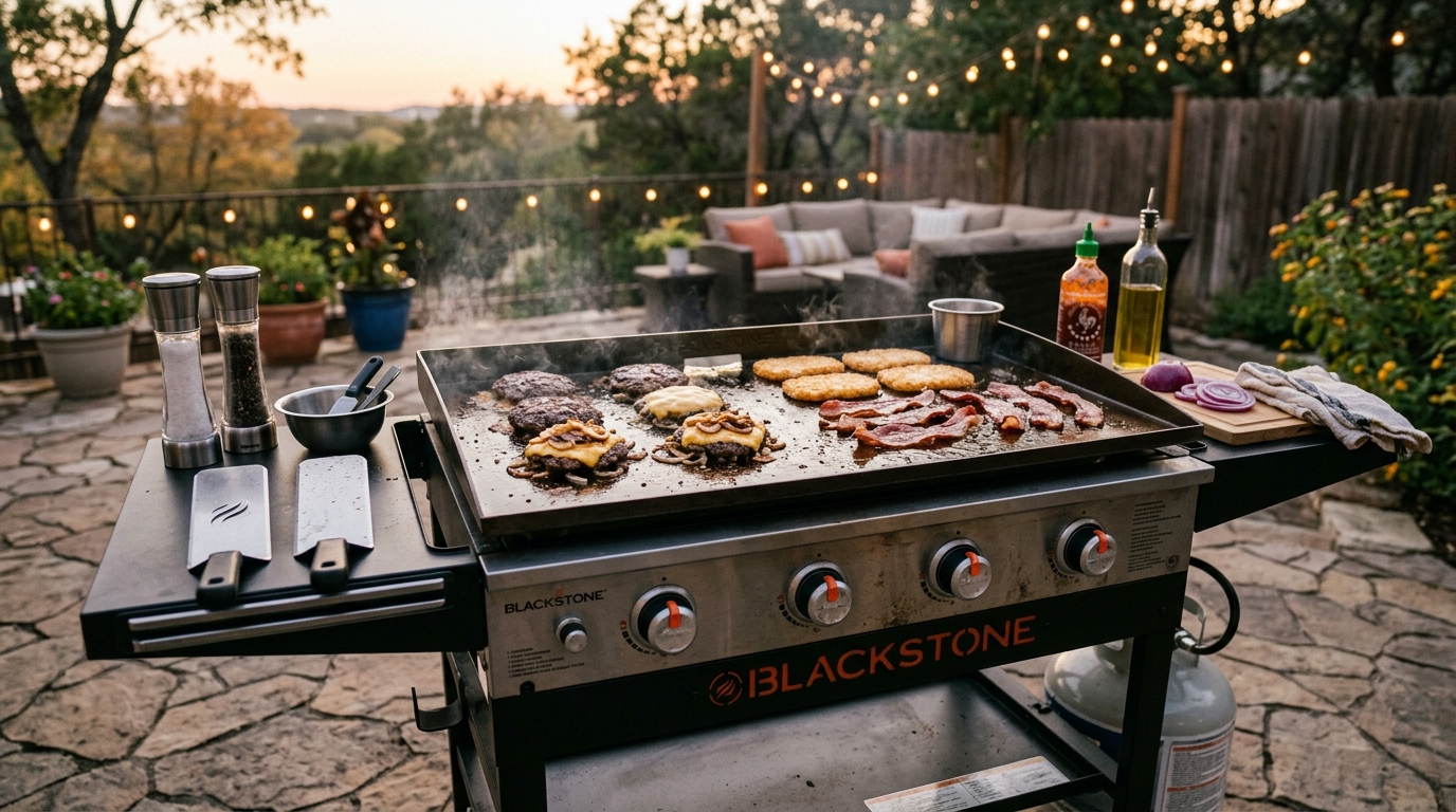 A large outdoor flat-top griddle with smash burgers, eggs, and hash browns cooking simultaneously on a backyard patio