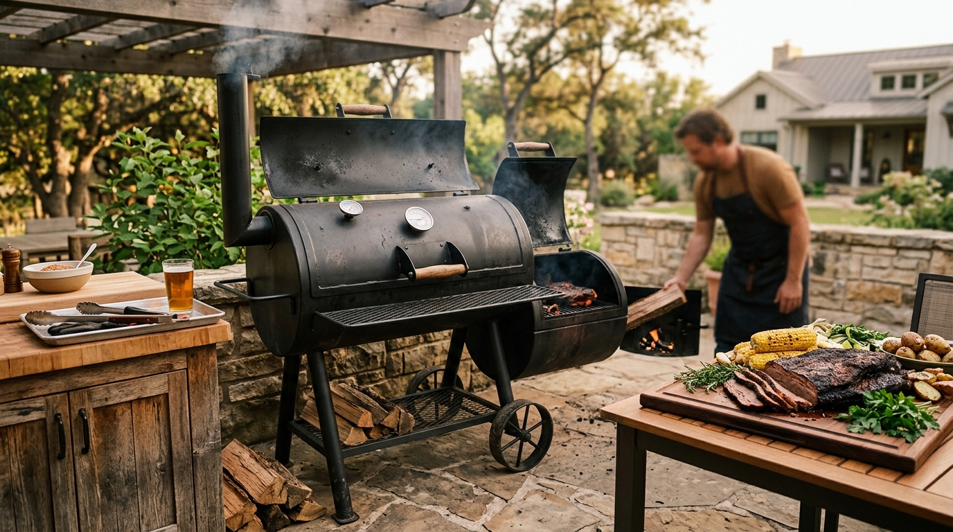 Oklahoma Joe Longhorn Combo grill and smoker on a backyard patio with smoke rising from the offset firebox