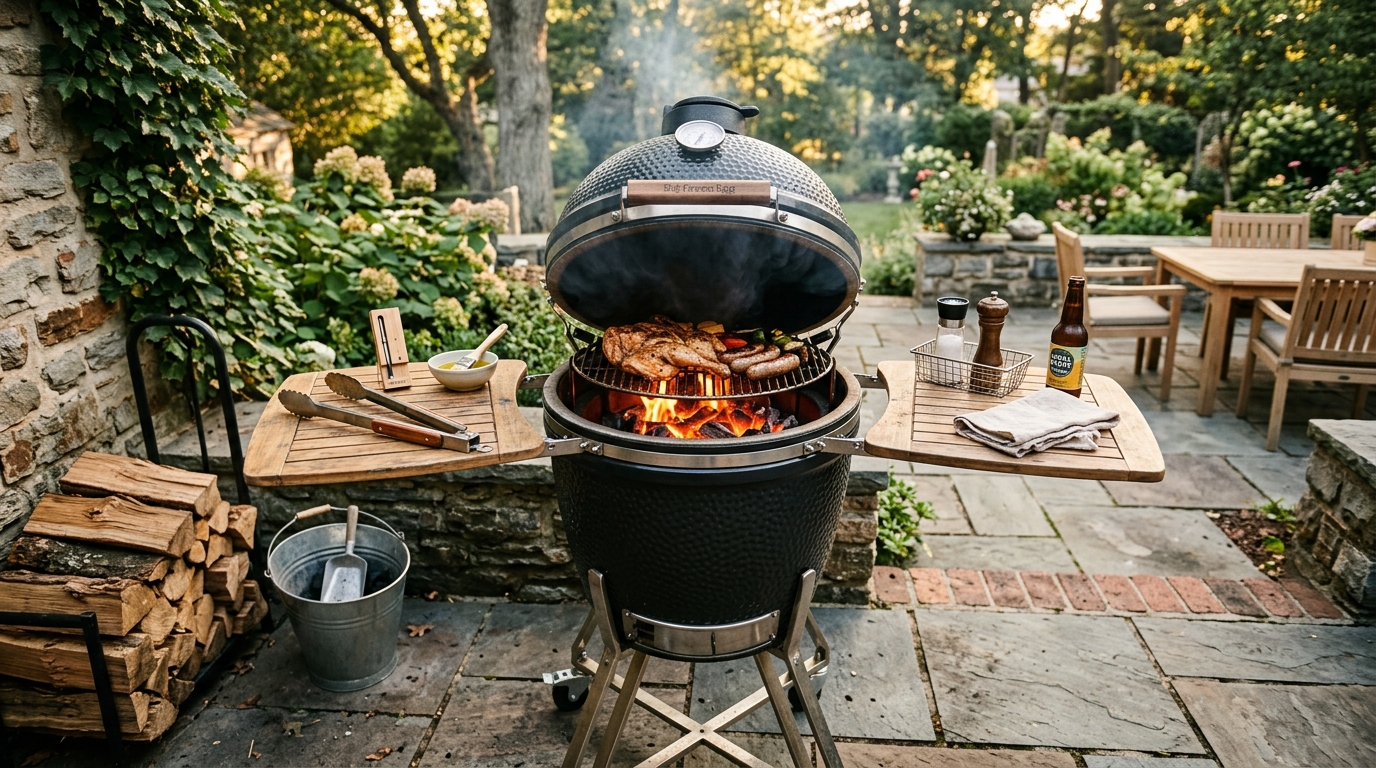 Premium ceramic kamado grill with bamboo side tables on a rustic outdoor patio