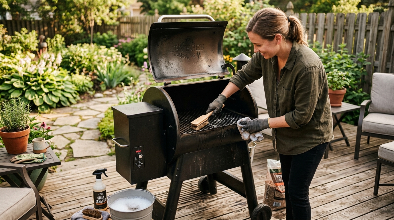 Pellet grill open with ash vacuum cleaning the firepot, grill grates leaning against the side