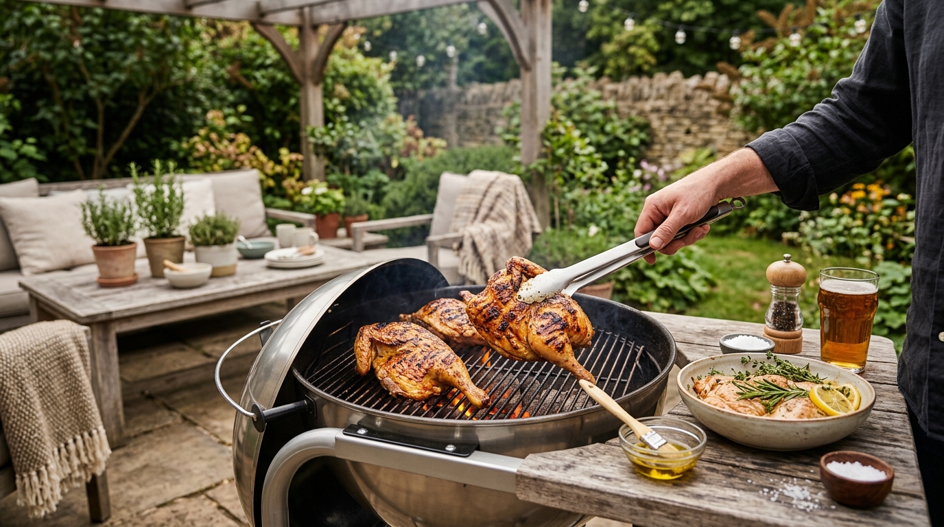 Golden-brown grilled chicken thighs with crispy skin and grill marks on a charcoal grill