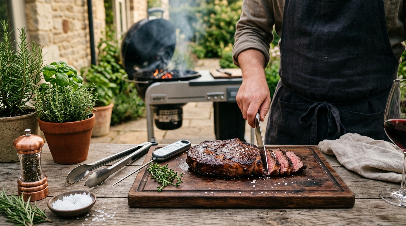 Thick ribeye steak searing on a charcoal grill with grill marks and a rich brown crust, flames flickering below