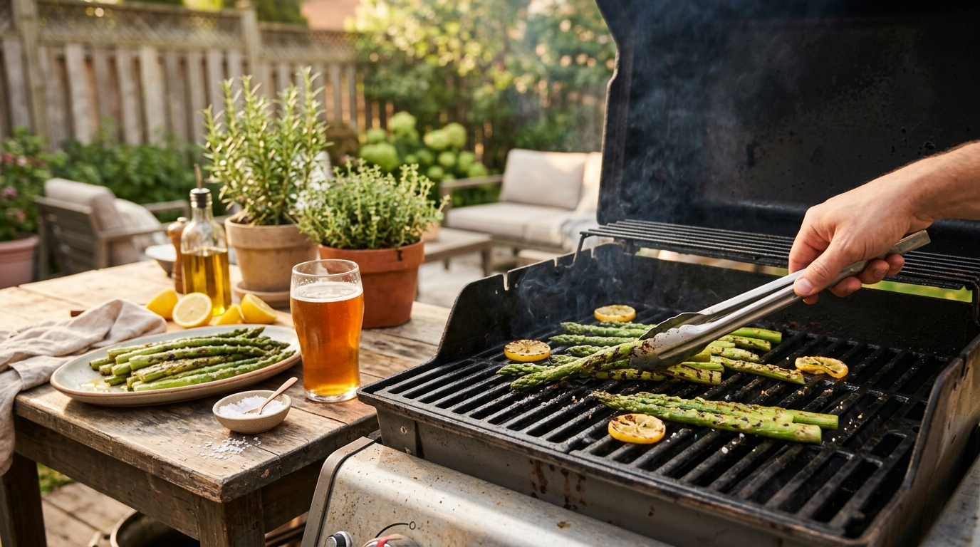Fresh asparagus spears grilling over direct charcoal heat with light char marks developing along their length