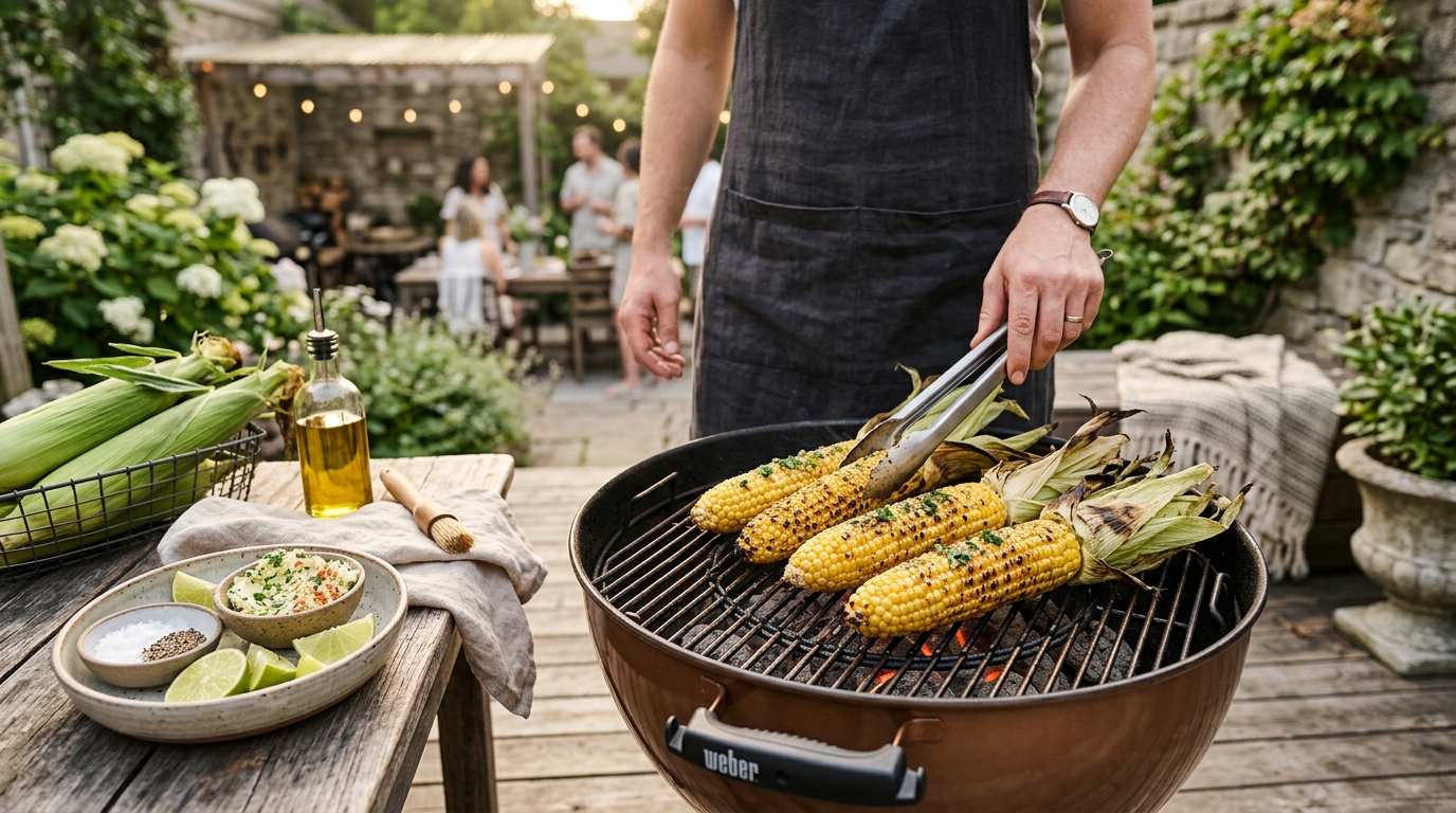 Fresh corn on the cob grilling over direct charcoal heat with char marks developing on the golden kernels