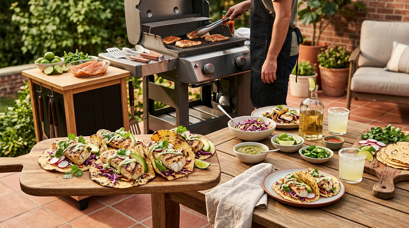 Grilled fish tacos with mahi-mahi, shredded cabbage slaw, lime crema, and fresh cilantro on corn tortillas