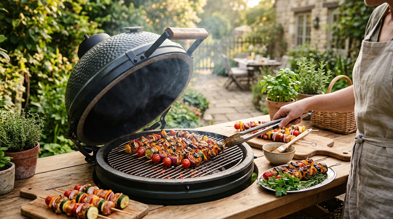 Colorful beef and vegetable kabobs grilling over direct charcoal heat with grill marks forming on the pepper and onion pieces