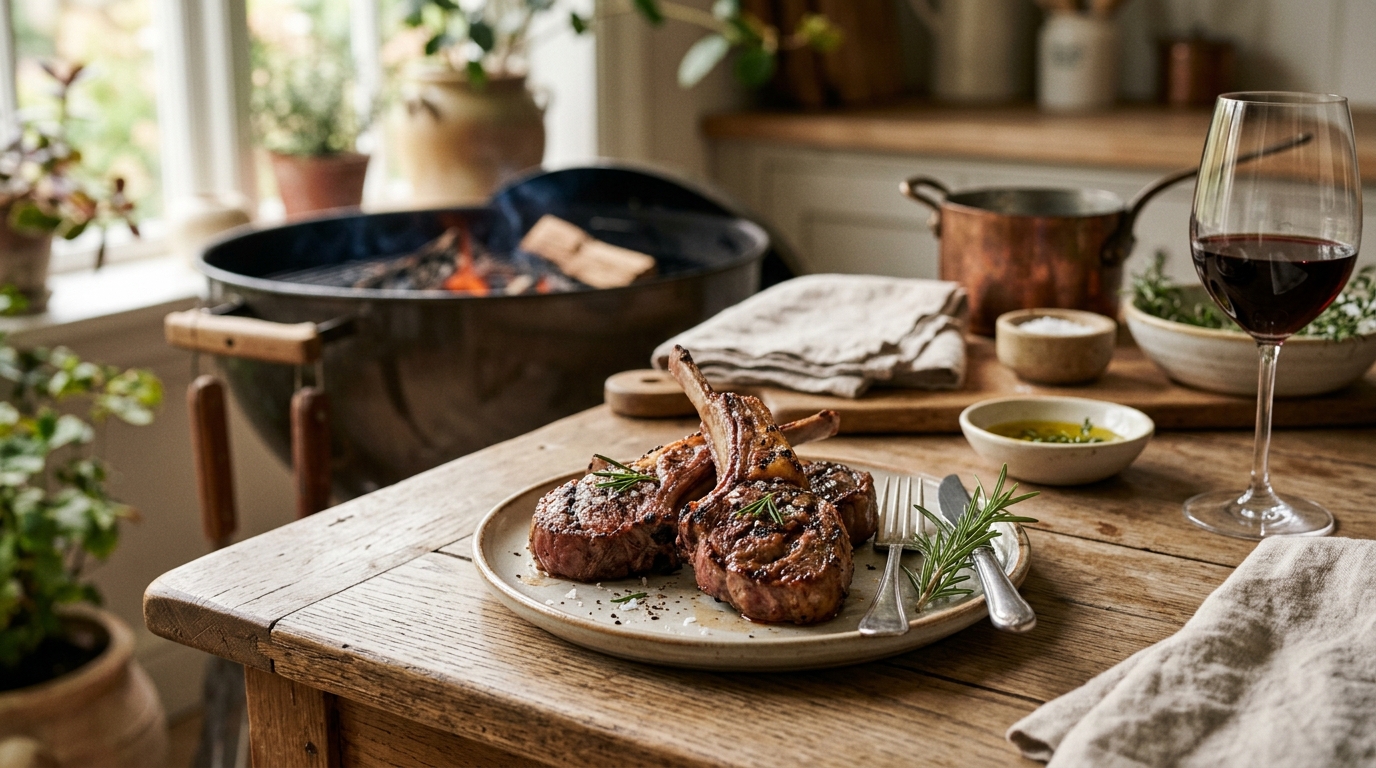 Lamb rib chops with a charred herb crust grilling over glowing charcoal, grill marks visible on both sides