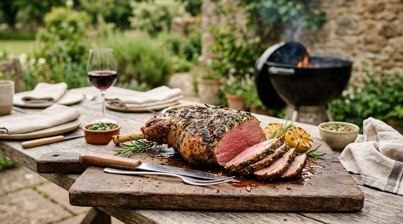 Butterflied leg of lamb searing on a charcoal grill with garlic herb crust and grill marks, flames below