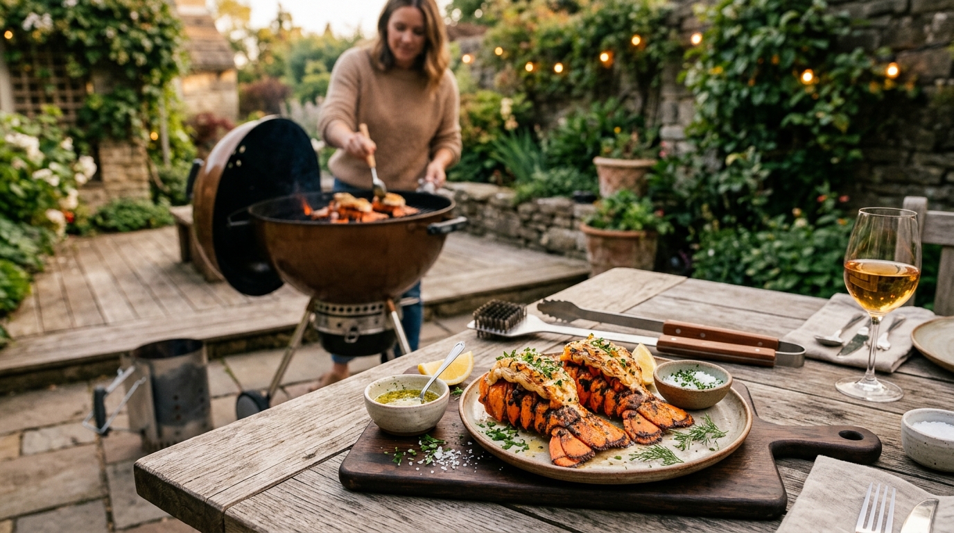 Butterflied lobster tails on a hot grill grate, shells charred and flesh showing grill marks with melted herb butter pooling in the cavity