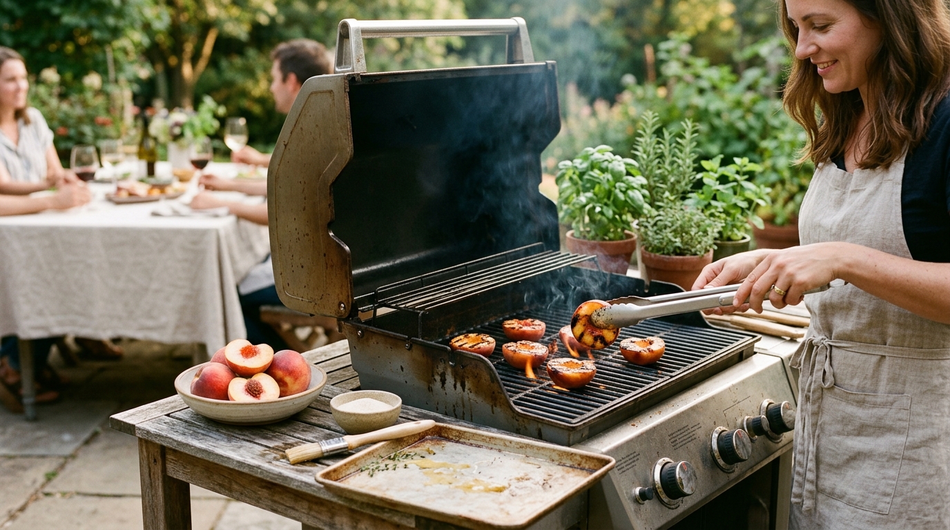 Halved peaches with caramelized grill marks over charcoal flames, golden and glossy, served on a wooden board with honey and fresh herbs