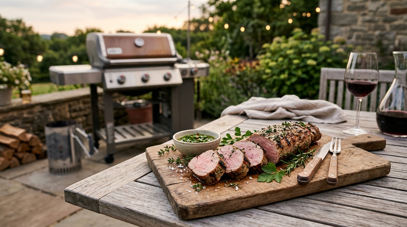 Sliced grilled pork tenderloin on a cutting board with a golden-brown crust and juicy pink interior