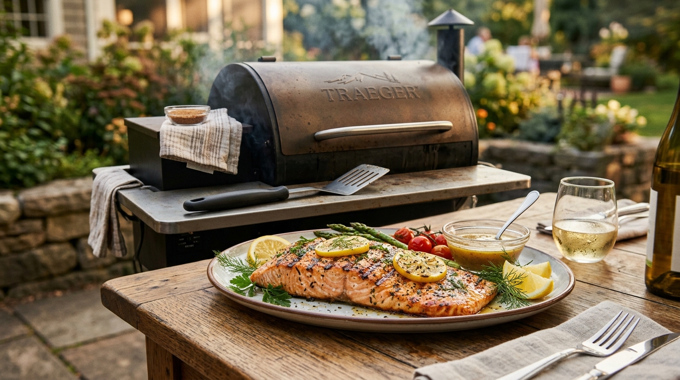 Salmon fillets with crispy skin grilling over charcoal with grill marks, fish spatula resting alongside